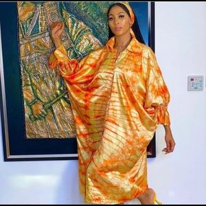 Midi Length Nigerian Adire Silk Shirt Dress Bubu Dress